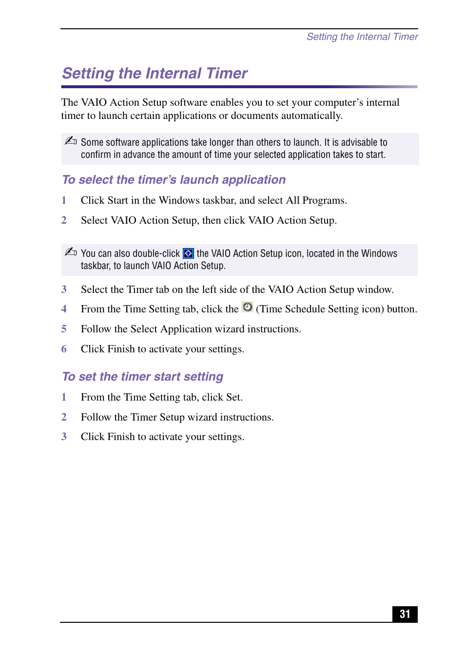 Setting the internal timer, To select the timer’s launch application, To set the timer start setting | Sony PCV-LX920 User Manual | Page 31 / 112
