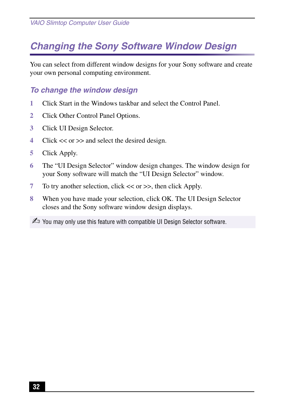 Changing the sony software window design, To change the window design | Sony PCV-LX920 User Manual | Page 32 / 112