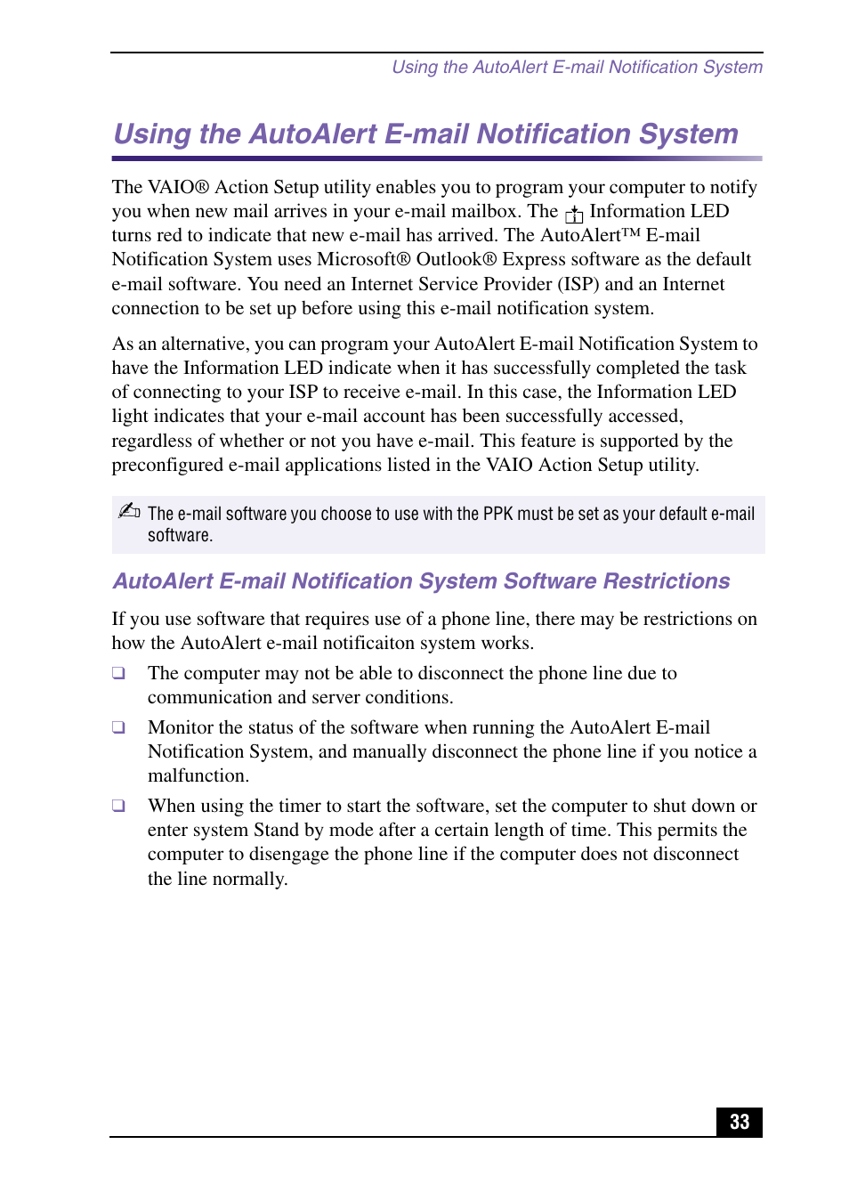 Using the autoalert e-mail notification system | Sony PCV-LX920 User Manual | Page 33 / 112