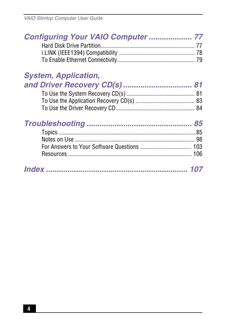 Configuring your vaio computer, System, application, and driver recovery cd(s), Troubleshooting | Index | Sony PCV-LX920 User Manual | Page 4 / 112