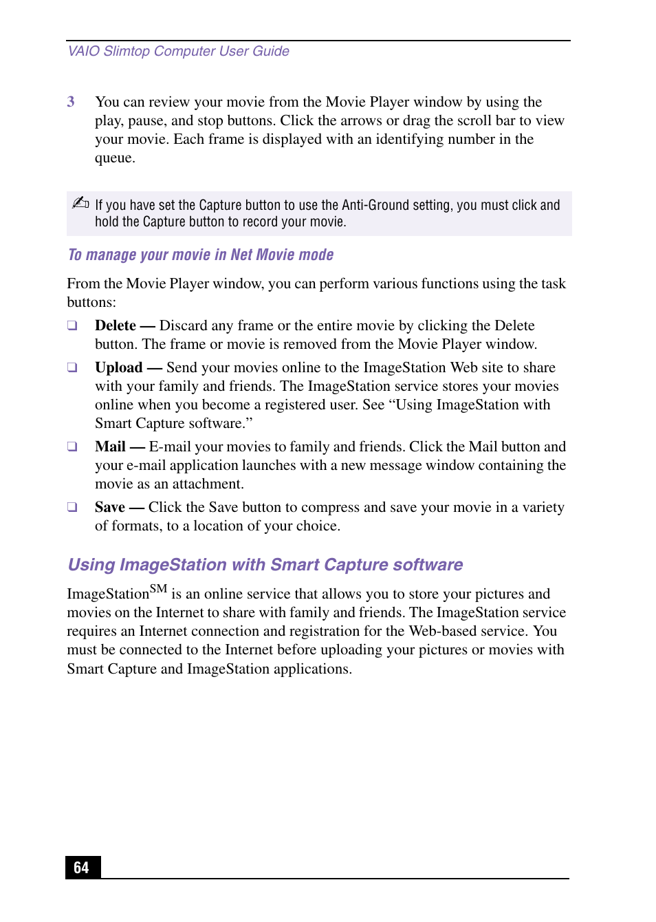 Using imagestation with smart capture software | Sony PCV-LX920 User Manual | Page 64 / 112