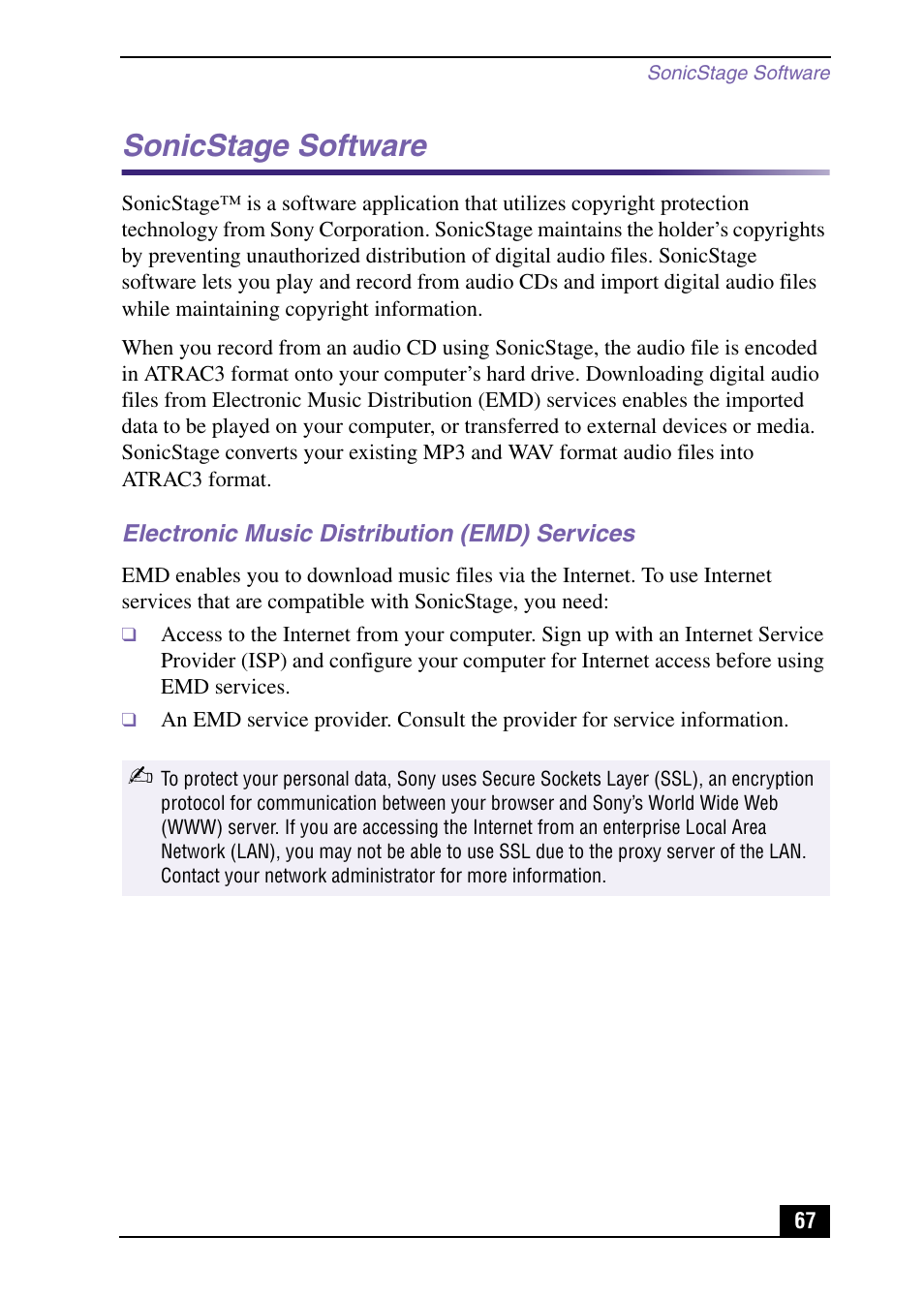 Sonicstage software, Electronic music distribution (emd) services | Sony PCV-LX920 User Manual | Page 67 / 112