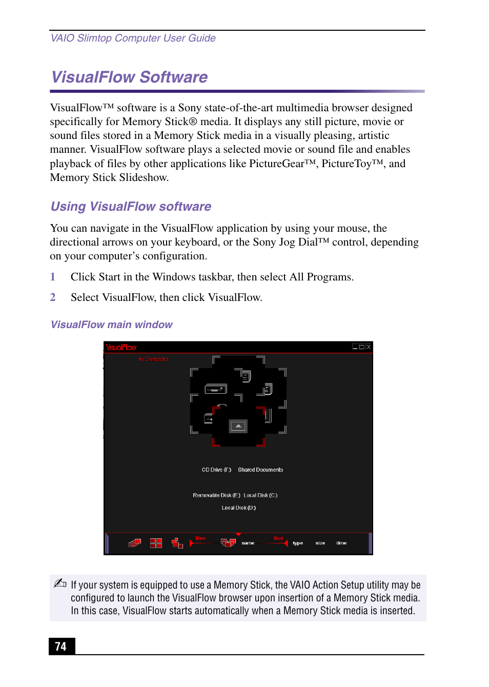 Visualflow software, Using visualflow software | Sony PCV-LX920 User Manual | Page 74 / 112