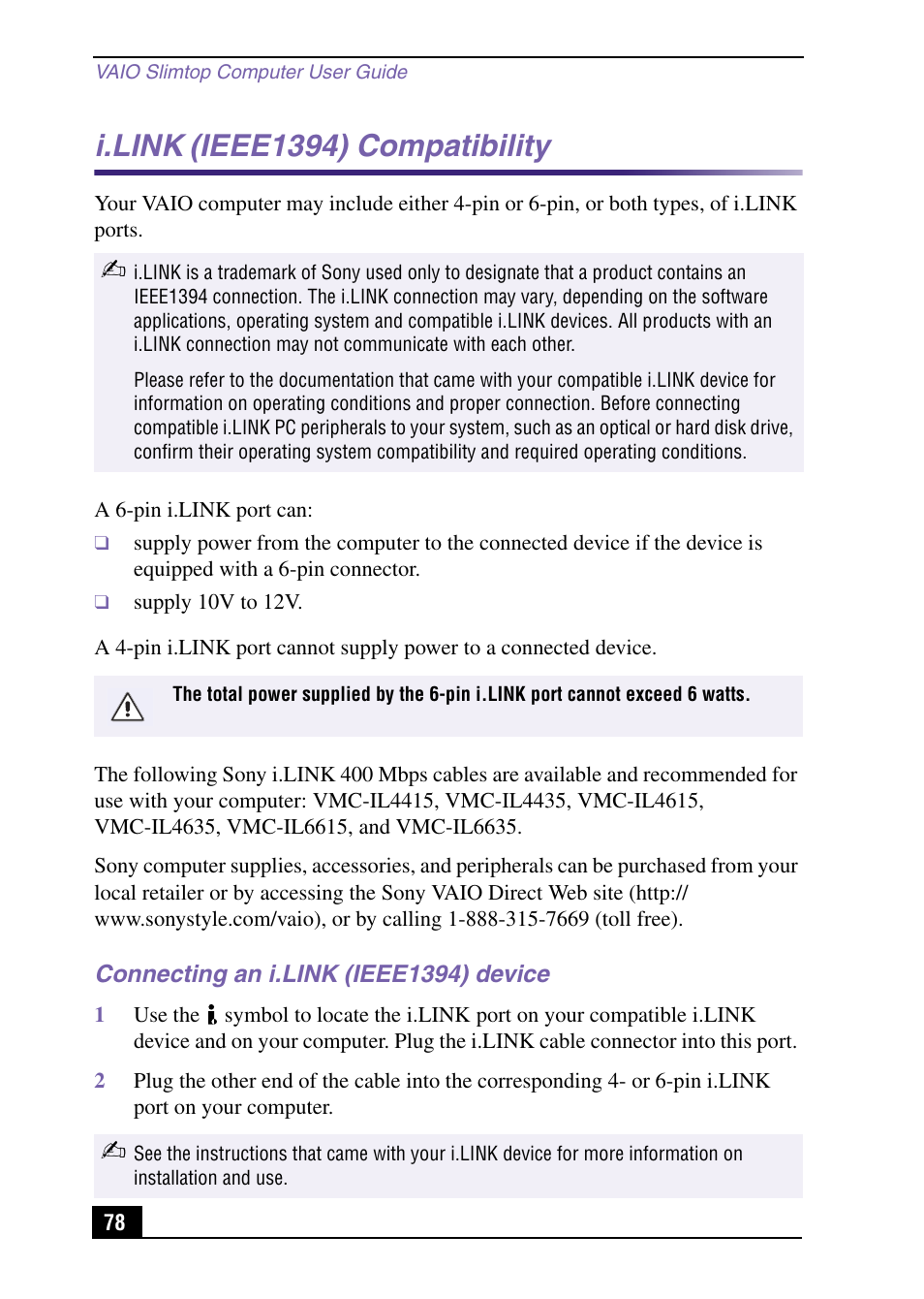 I.link (ieee1394) compatibility, Connecting an i.link (ieee1394) device, I.link | Ieee1394) compatibility | Sony PCV-LX920 User Manual | Page 78 / 112