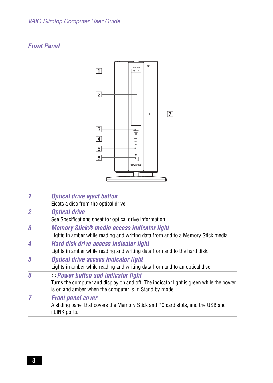 1optical drive eject button, 2optical drive, 4hard disk drive access indicator light | 5optical drive access indicator light, 6power button and indicator light, 7front panel cover | Sony PCV-LX920 User Manual | Page 8 / 112