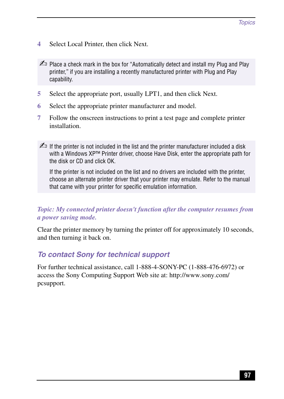 To contact sony for technical support | Sony PCV-LX920 User Manual | Page 97 / 112