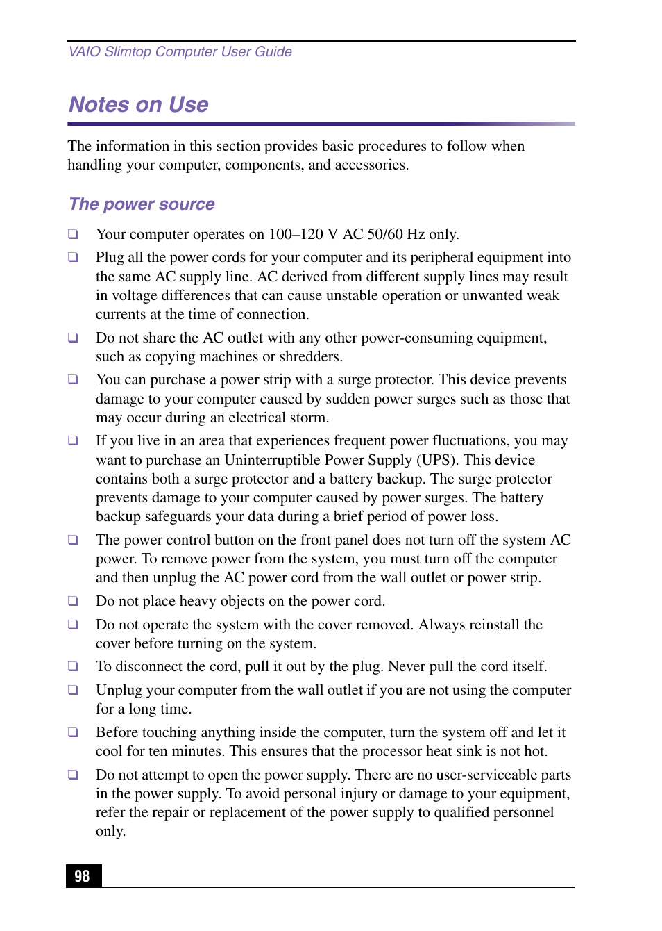 Notes on use, The power source | Sony PCV-LX920 User Manual | Page 98 / 112