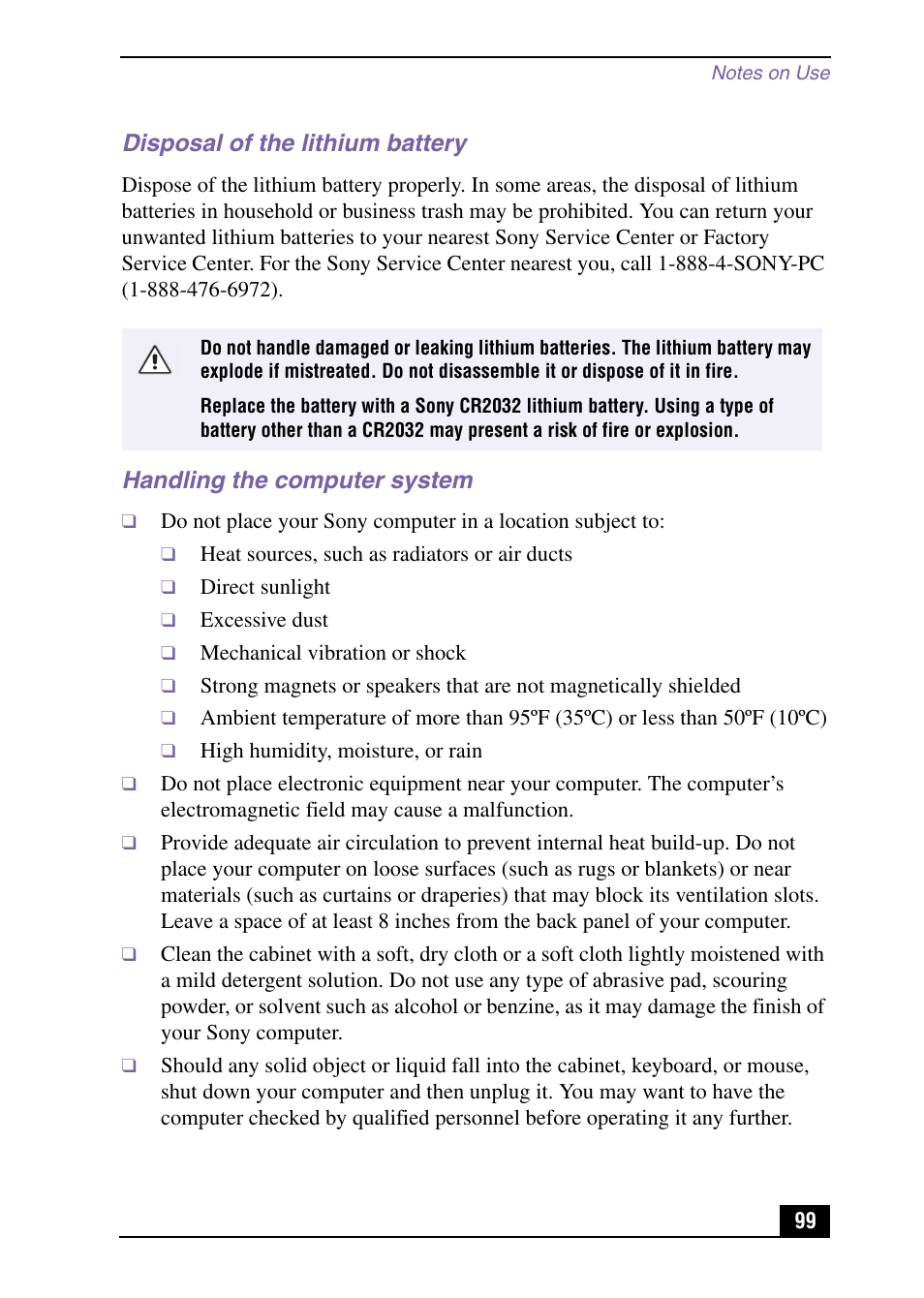 Disposal of the lithium battery, Handling the computer system | Sony PCV-LX920 User Manual | Page 99 / 112