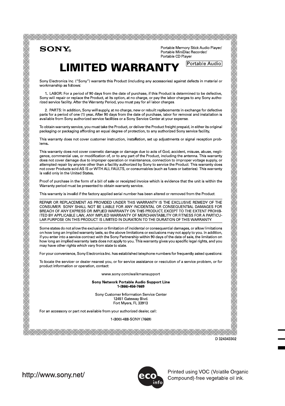 This warranty is valid only in the united states | Sony MZ-N510CK User Manual | Page 108 / 108