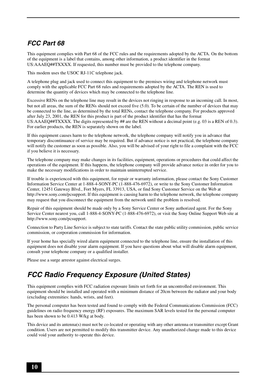 Fcc radio frequency exposure (united states), 10 fcc part 68 | Sony VGN-TX650P User Manual | Page 10 / 20