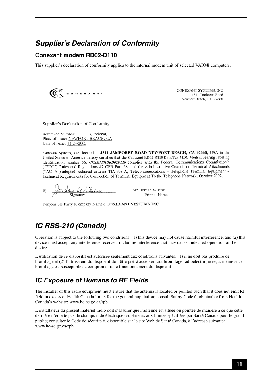 Supplier’s declaration of conformity, Ic rss-210 (canada) | Sony VGN-TX650P User Manual | Page 11 / 20