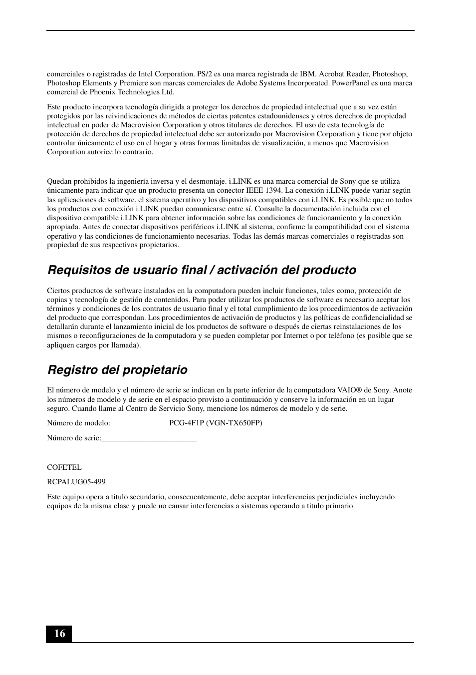 Registro del propietario | Sony VGN-TX650P User Manual | Page 16 / 20