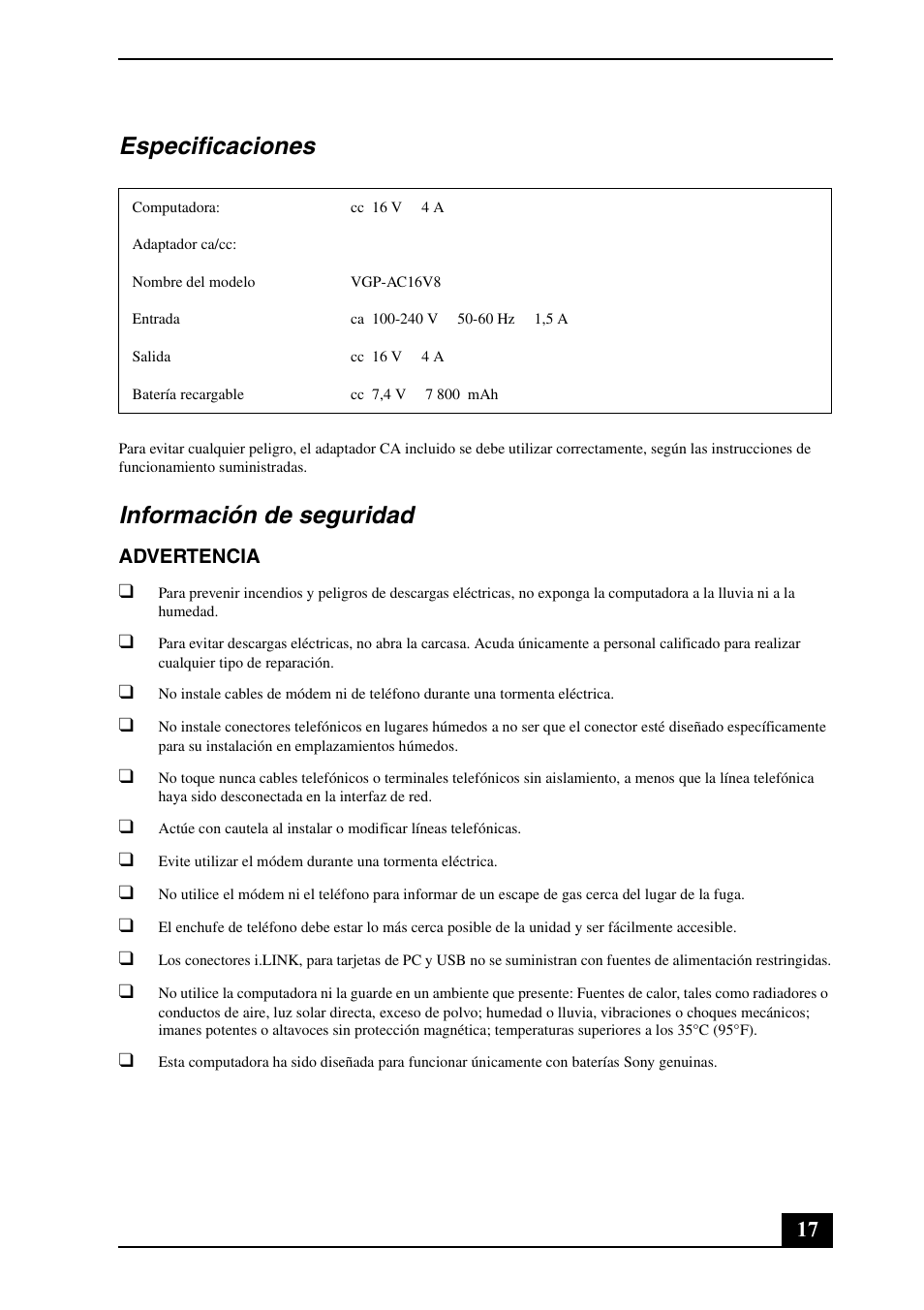Especificaciones, Información de seguridad | Sony VGN-TX650P User Manual | Page 17 / 20