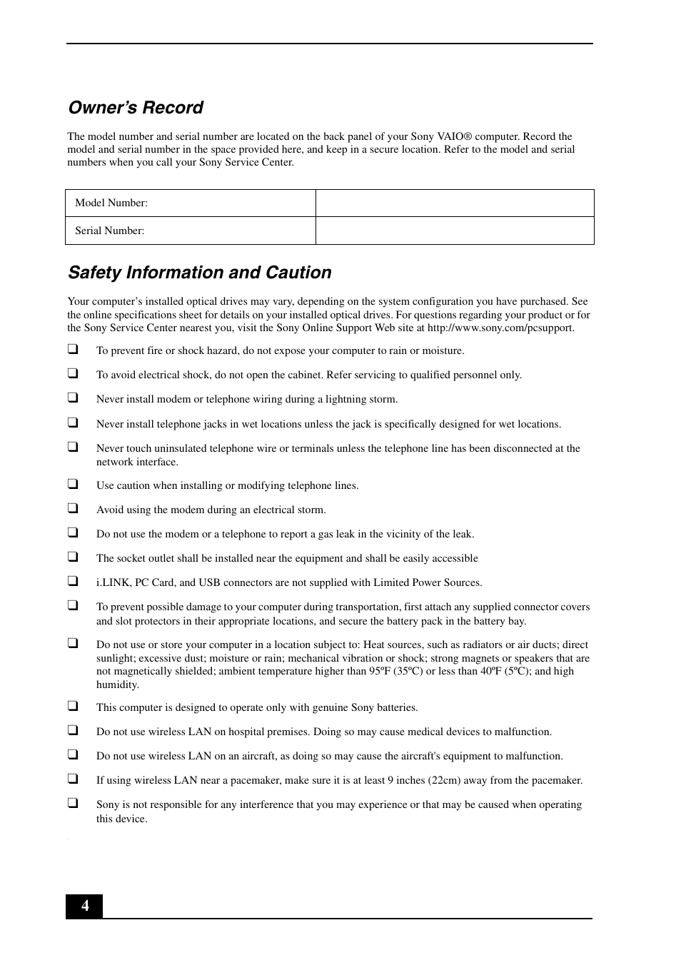Owner’s record, Safety information and caution | Sony VGN-TX650P User Manual | Page 4 / 20