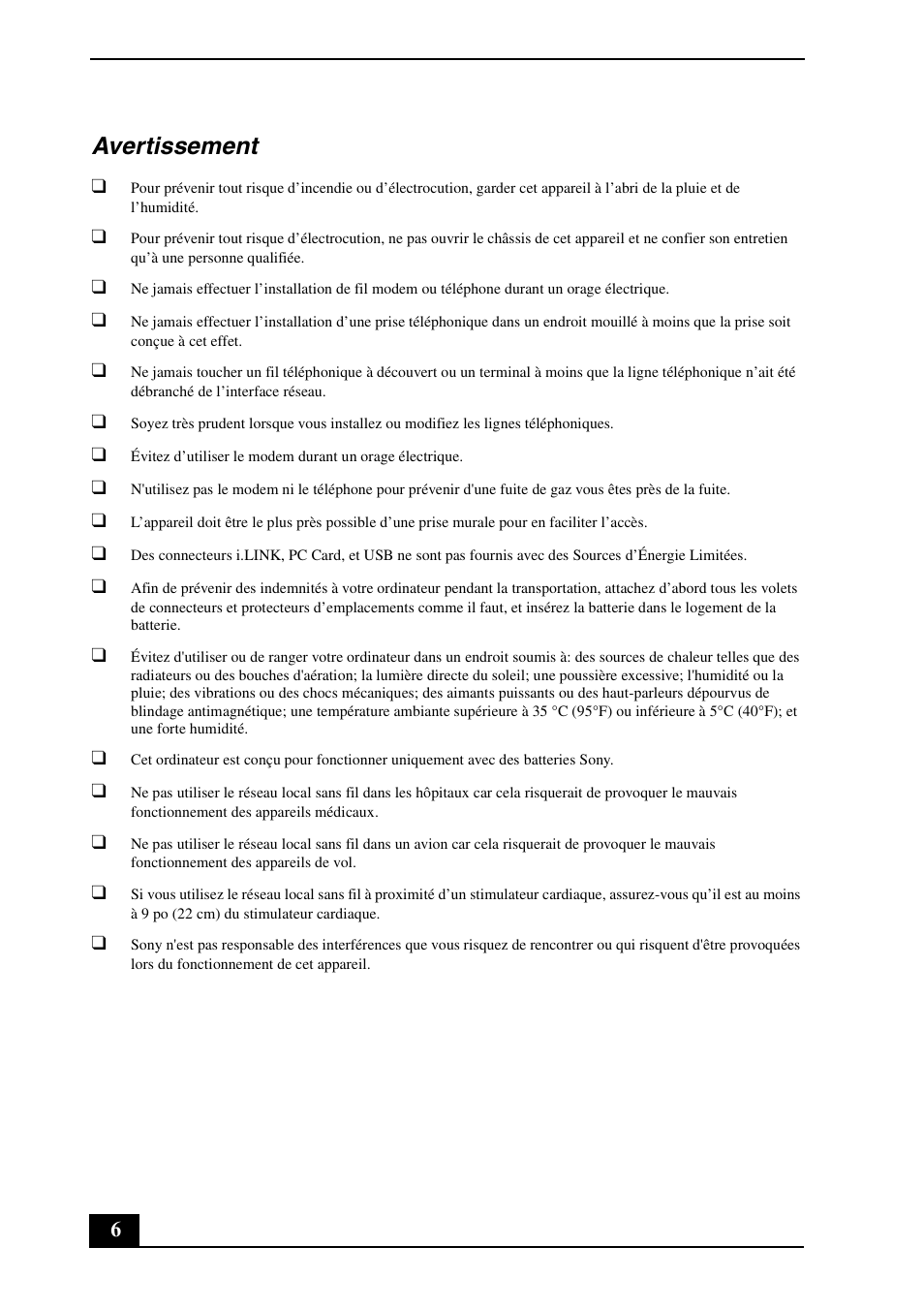 Avertissement | Sony VGN-TX650P User Manual | Page 6 / 20