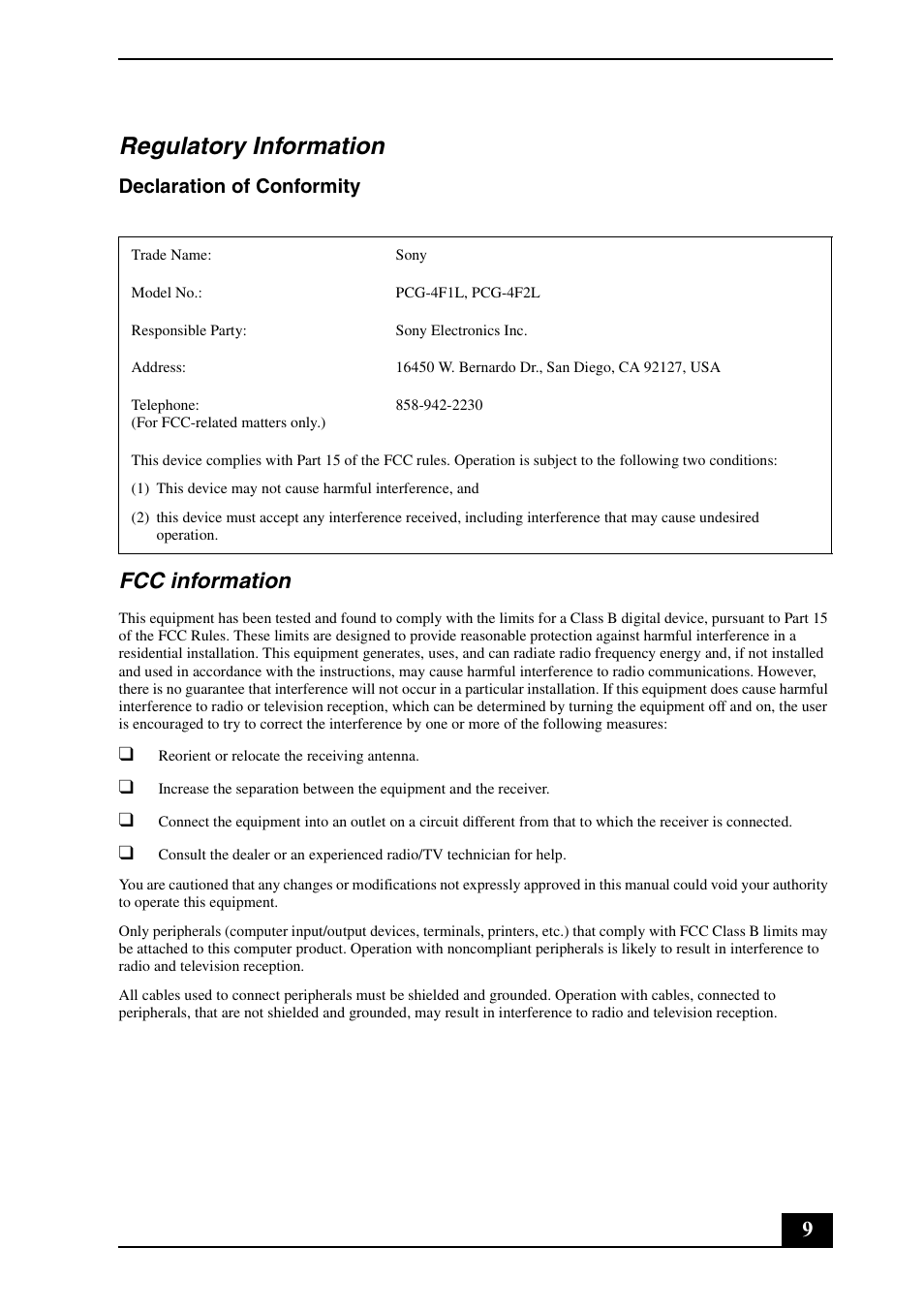 Regulatory information, Fcc information, Declaration of conformity | Sony VGN-TX650P User Manual | Page 9 / 20