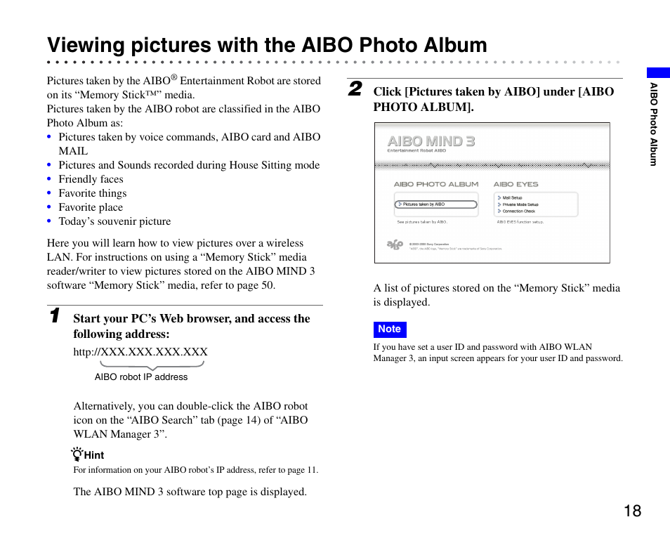 Viewing pictures with the aibo photo album | Sony ERS-7M3 User Manual | Page 18 / 63
