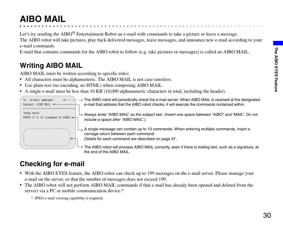 Aibo mail, Writing aibo mail, Checking for e-mail | Writing aibo mail checking for e-mail | Sony ERS-7M3 User Manual | Page 30 / 63
