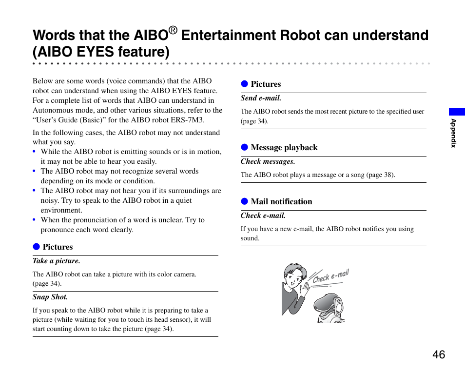 Words that the aibo, Entertainment robot can understand, Aibo eyes feature) | Sony ERS-7M3 User Manual | Page 46 / 63