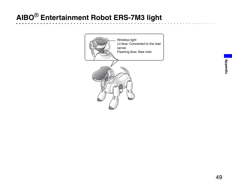 Aibo® entertainment robot ers-7m3 light, Aibo, Entertainment robot ers-7m3 light | Sony ERS-7M3 User Manual | Page 49 / 63