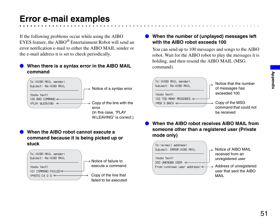 Error e-mail examples | Sony ERS-7M3 User Manual | Page 51 / 63