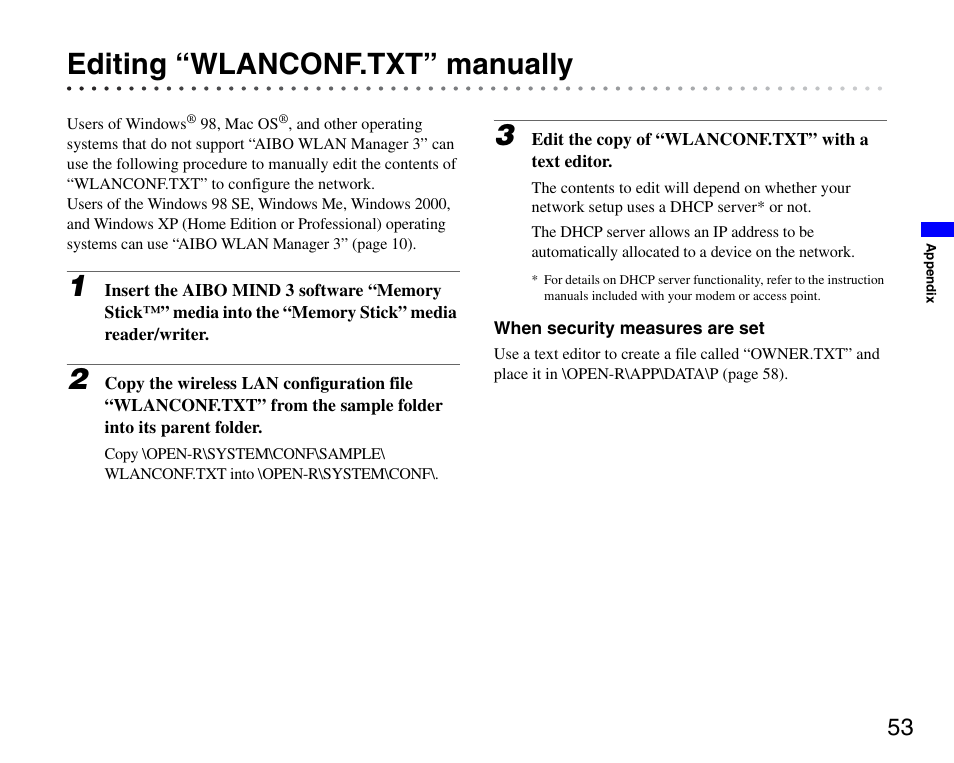 Editing “wlanconf.txt” manually | Sony ERS-7M3 User Manual | Page 53 / 63
