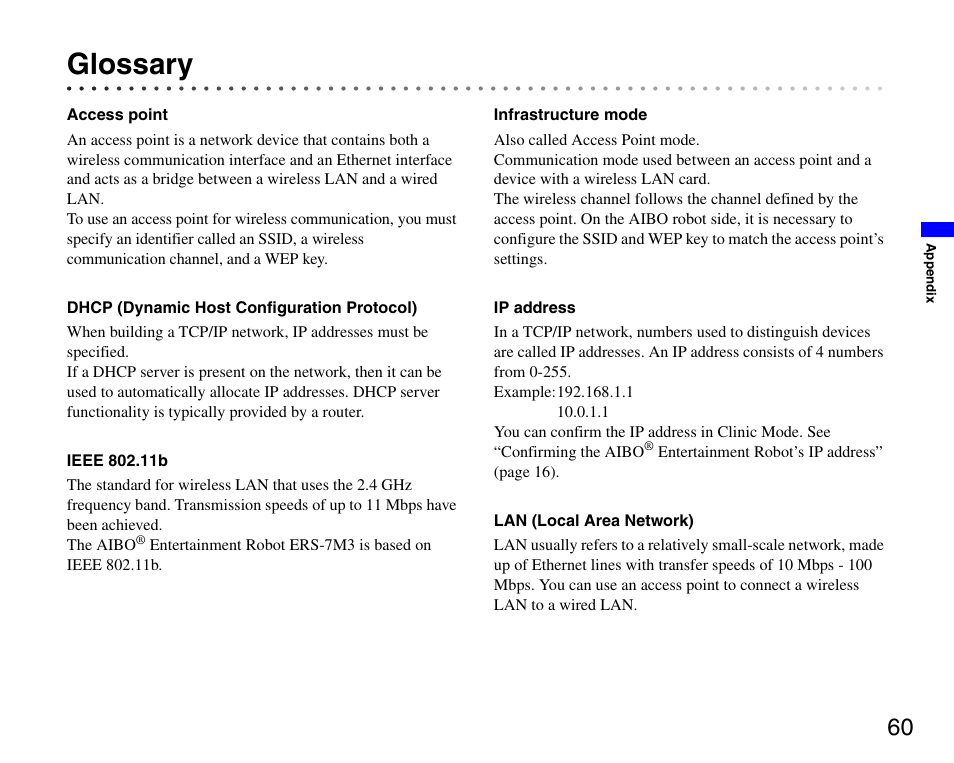 Glossary | Sony ERS-7M3 User Manual | Page 60 / 63