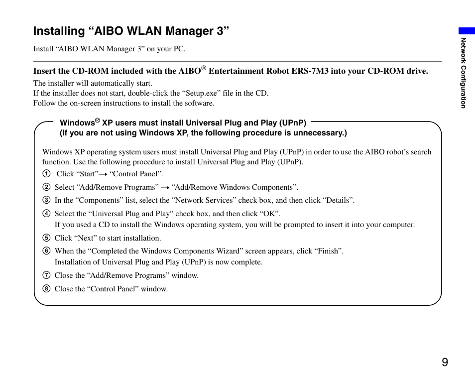 Installing “aibo wlan manager 3, 9installing “aibo wlan manager 3 | Sony ERS-7M3 User Manual | Page 9 / 63