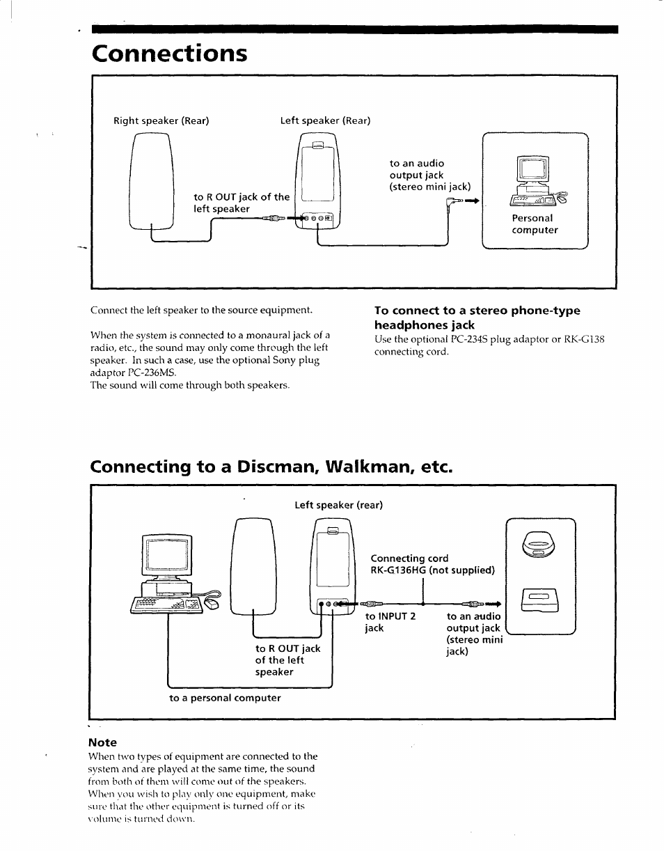 Connections, To connect to a stereo phone-type headphones jack, Note | Connecting to a discman, walkman, etc | Sony SRS-PC41 User Manual | Page 3 / 6