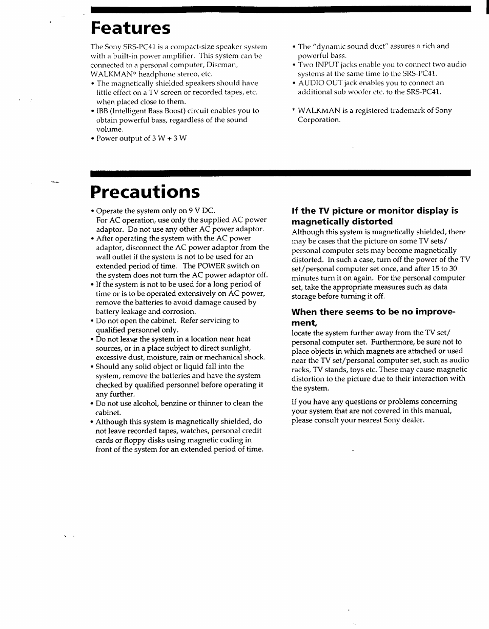 Features, Precautions, When there seems to be no improvement | Sony SRS-PC41 User Manual | Page 5 / 6