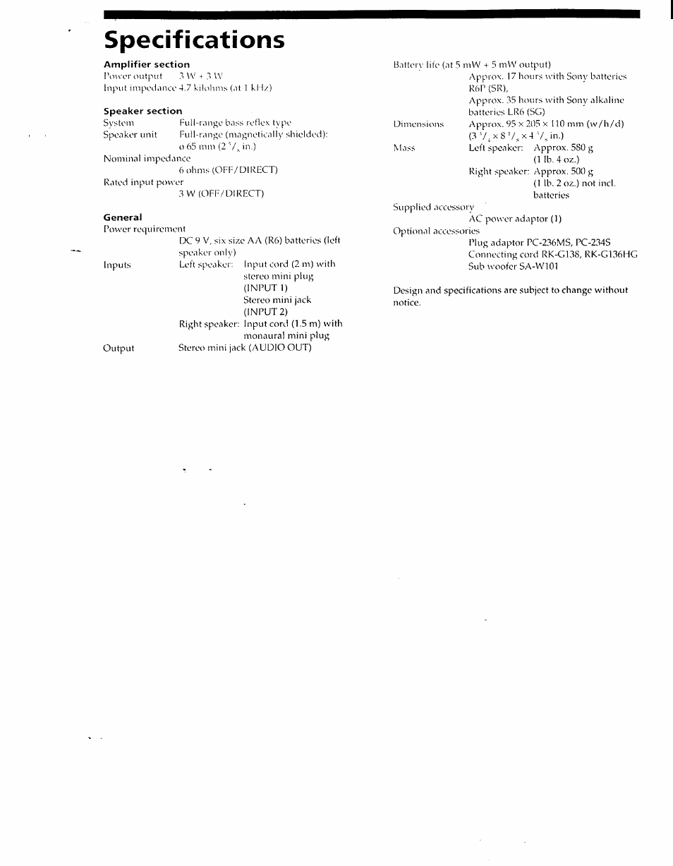 Specifications | Sony SRS-PC41 User Manual | Page 6 / 6