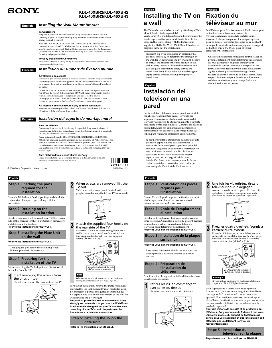 Sony KDL-46XBR3 User Manual | 2 pages