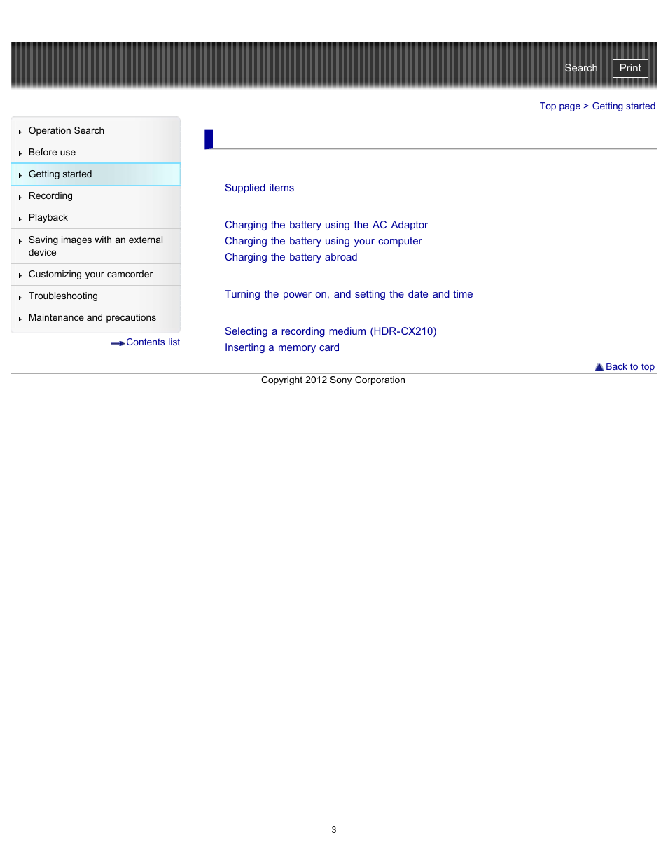 Getting started, Charging the battery pack, Preparing the recording media | Sony HDR-PJ200 User Manual | Page 10 / 202