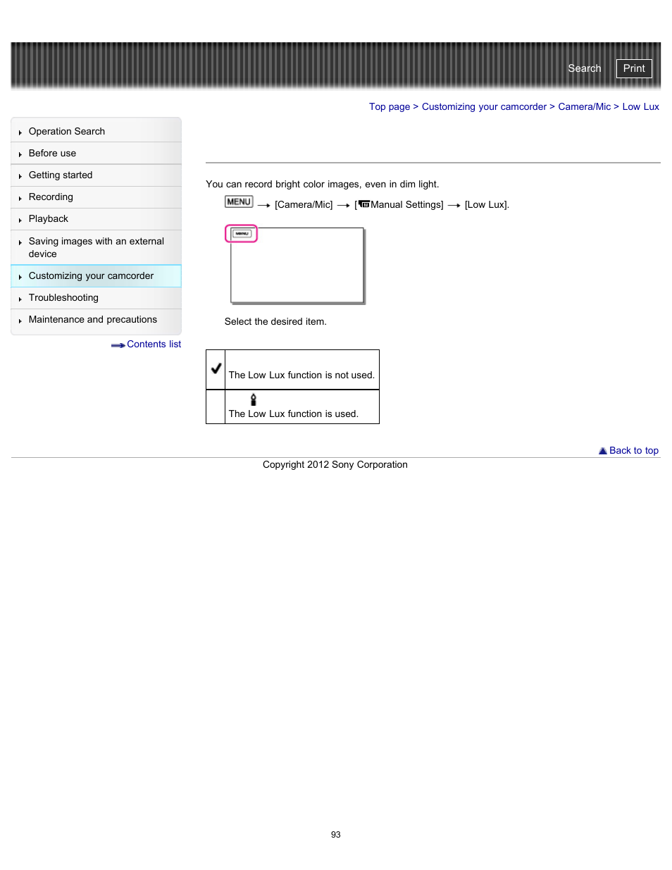 Low lux, Handycam" user guide | Sony HDR-PJ200 User Manual | Page 100 / 202