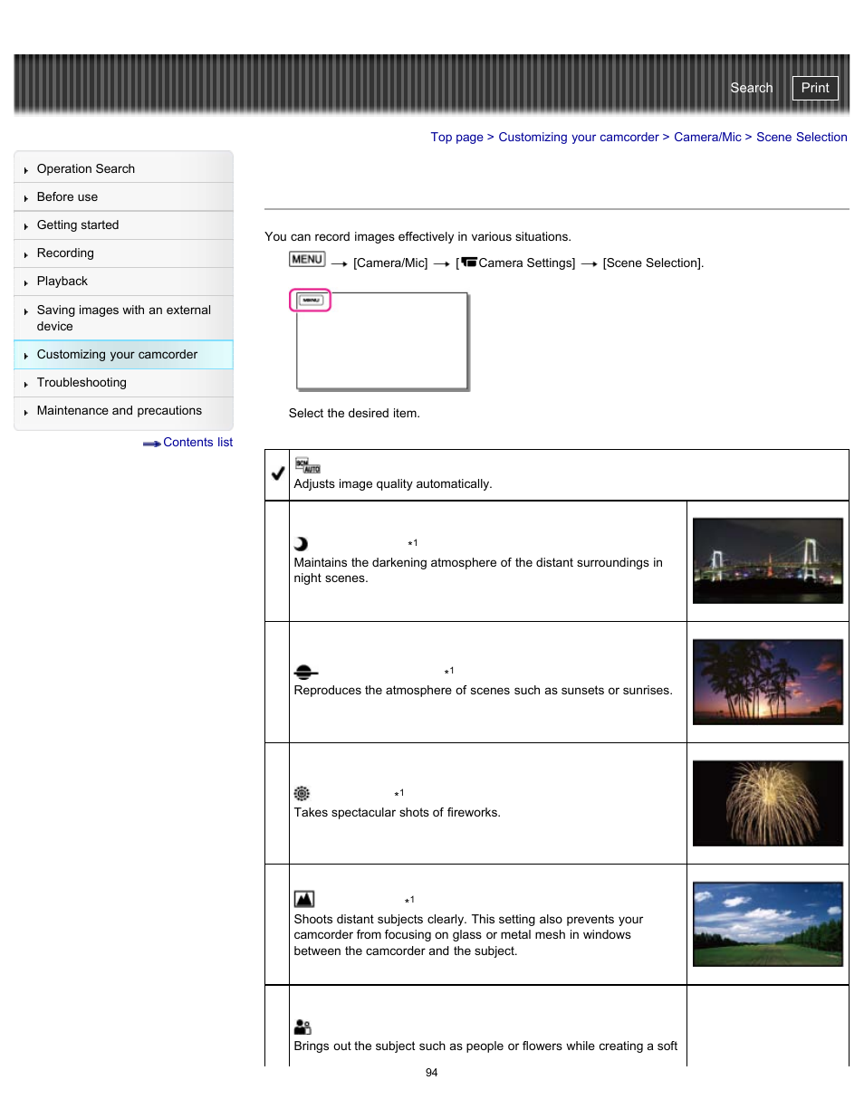 Scene selection, Portrait), Spotlight) | Night, Fireworks), Sunrise&sunset), Handycam" user guide | Sony HDR-PJ200 User Manual | Page 101 / 202