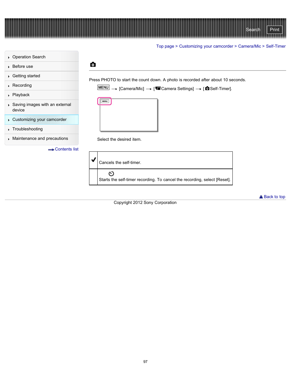 Self-timer, Handycam" user guide | Sony HDR-PJ200 User Manual | Page 104 / 202