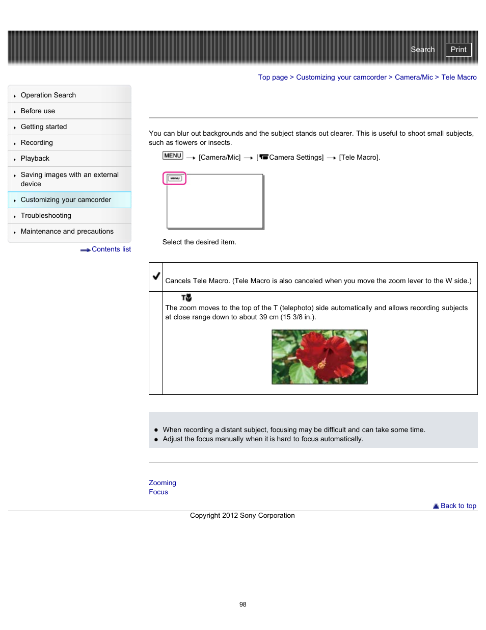 Tele macro, Handycam" user guide | Sony HDR-PJ200 User Manual | Page 105 / 202