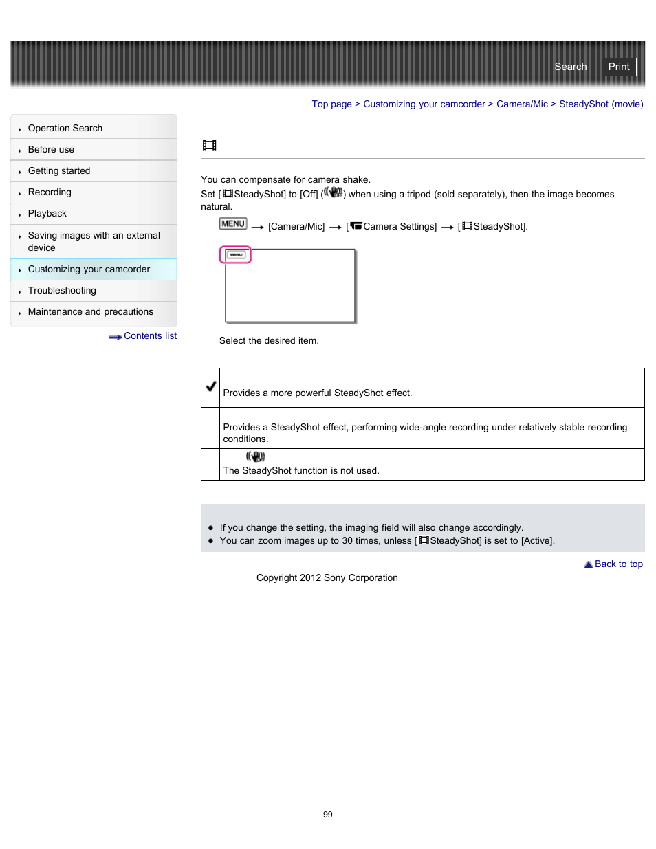 Steadyshot (movie), Handycam" user guide | Sony HDR-PJ200 User Manual | Page 106 / 202