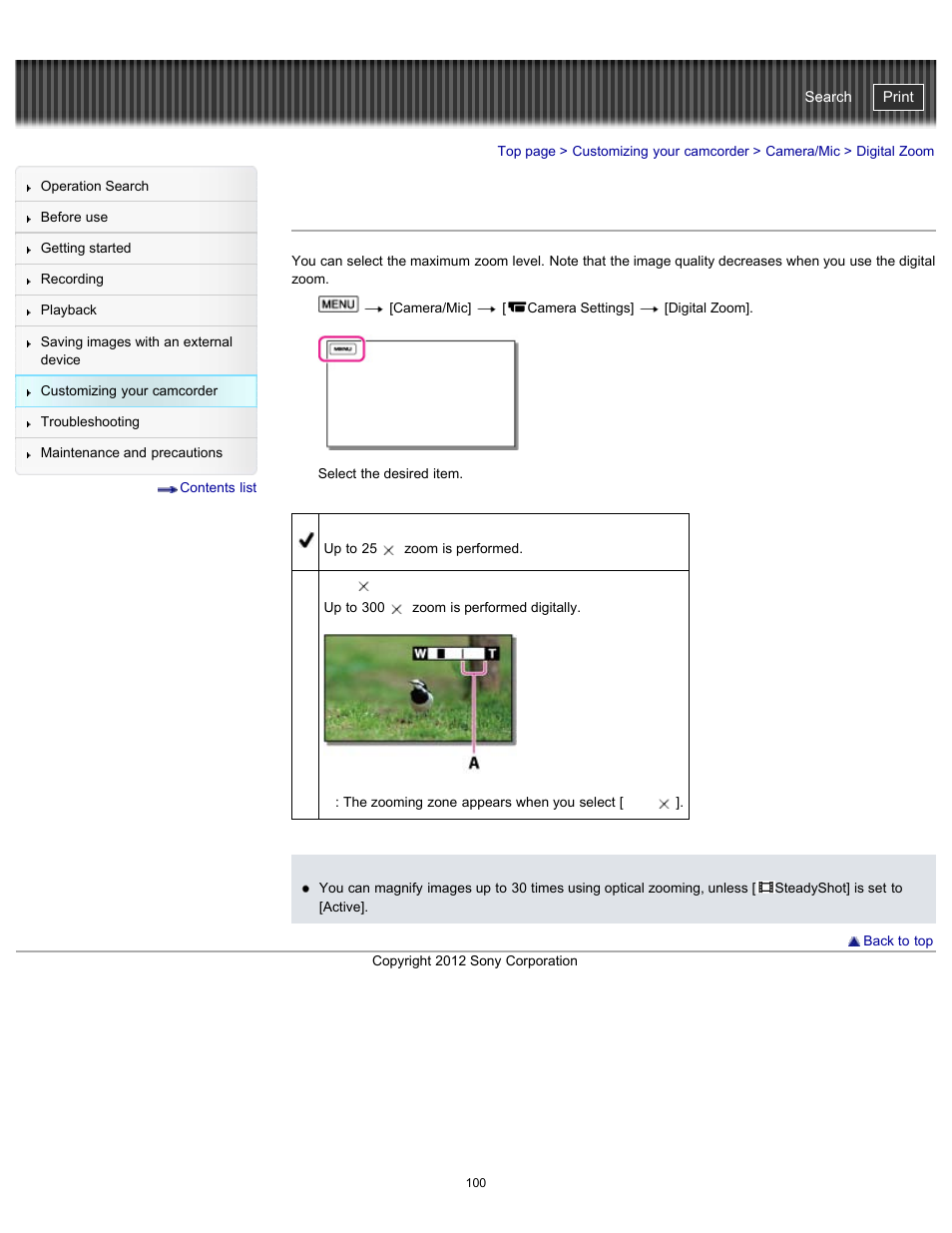 Digital zoom, Handycam" user guide | Sony HDR-PJ200 User Manual | Page 107 / 202