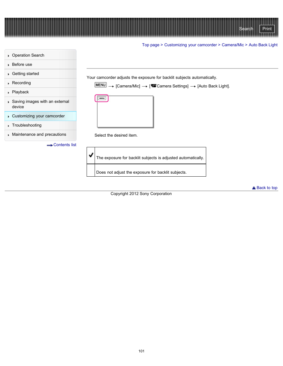 Auto back light, Handycam" user guide | Sony HDR-PJ200 User Manual | Page 108 / 202