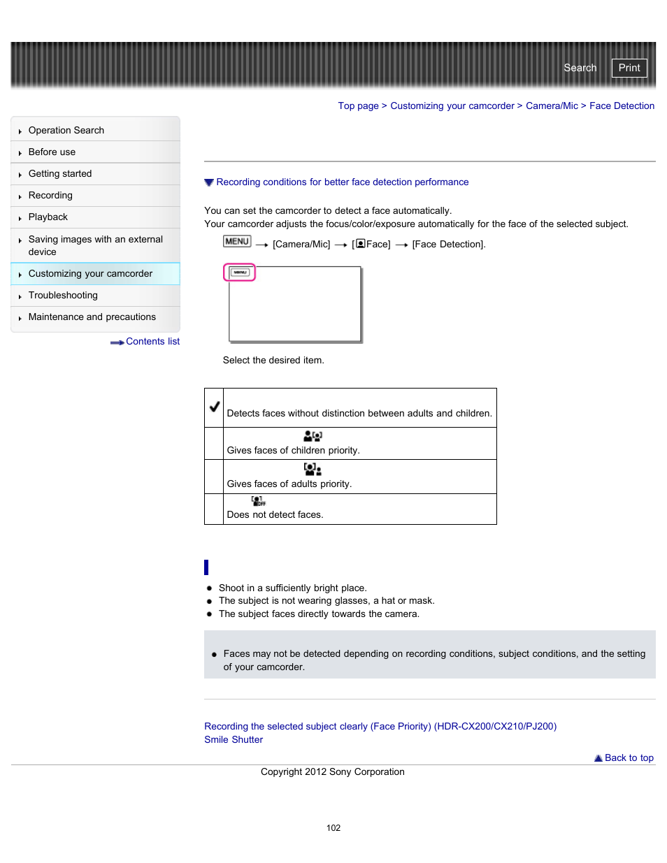 Face detection, Handycam" user guide | Sony HDR-PJ200 User Manual | Page 109 / 202