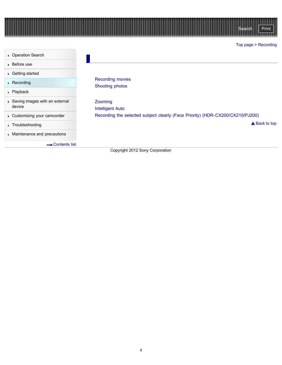 Recording, Useful functions for recording images, Handycam" user guide | Sony HDR-PJ200 User Manual | Page 11 / 202