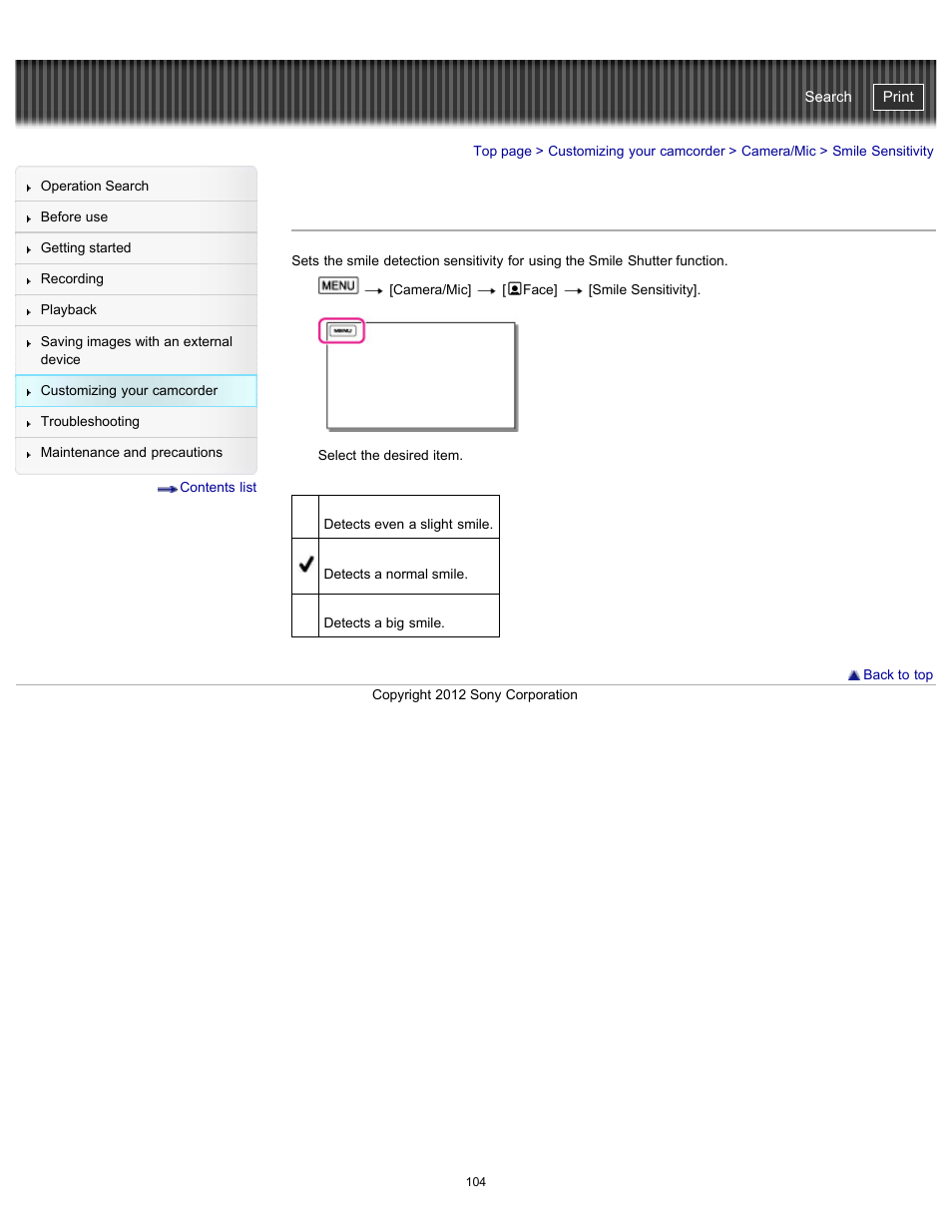 Smile sensitivity, Handycam" user guide | Sony HDR-PJ200 User Manual | Page 111 / 202