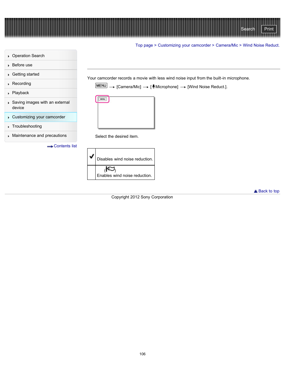 Wind noise reduct, Handycam" user guide | Sony HDR-PJ200 User Manual | Page 113 / 202