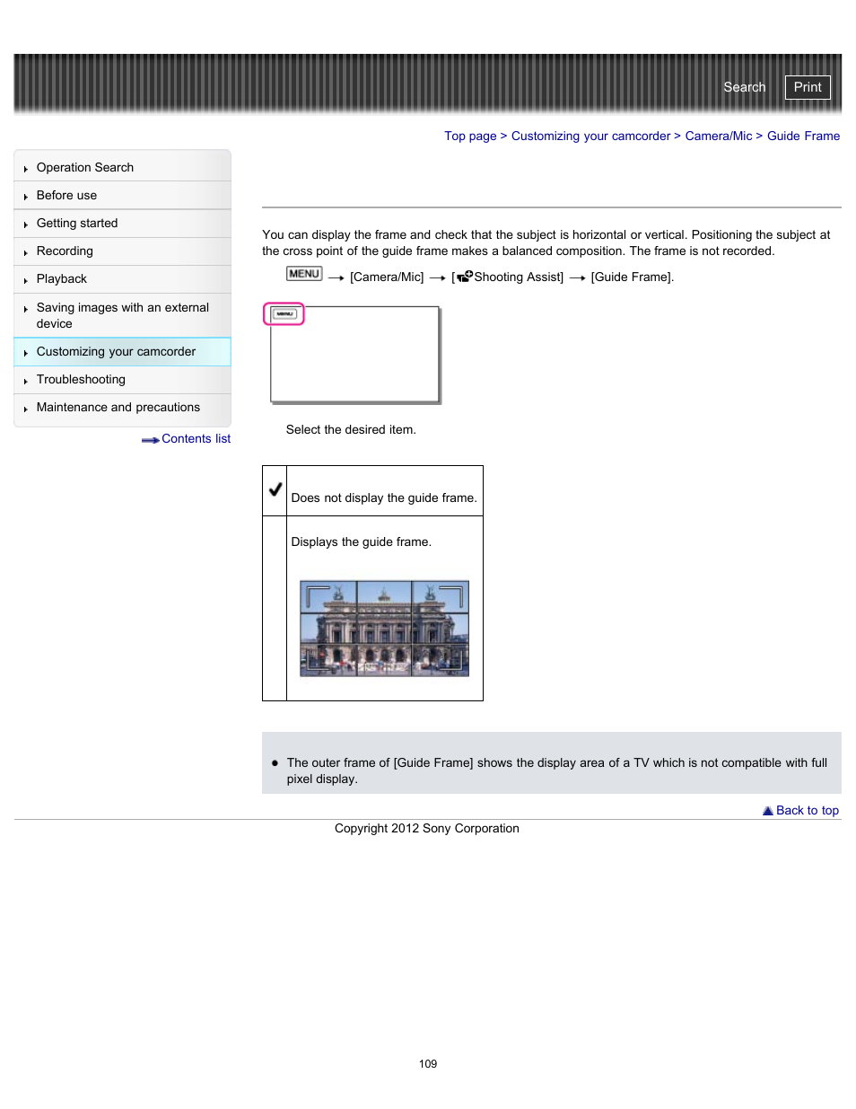 Guide frame, Handycam" user guide | Sony HDR-PJ200 User Manual | Page 116 / 202