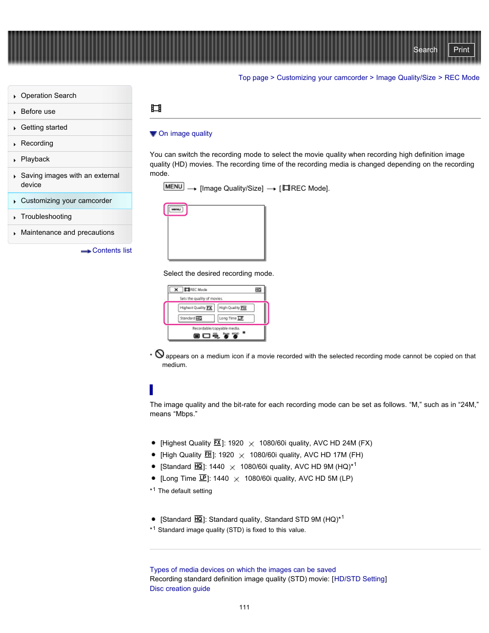 Rec mode, On image quality, Handycam" user guide | Sony HDR-PJ200 User Manual | Page 118 / 202