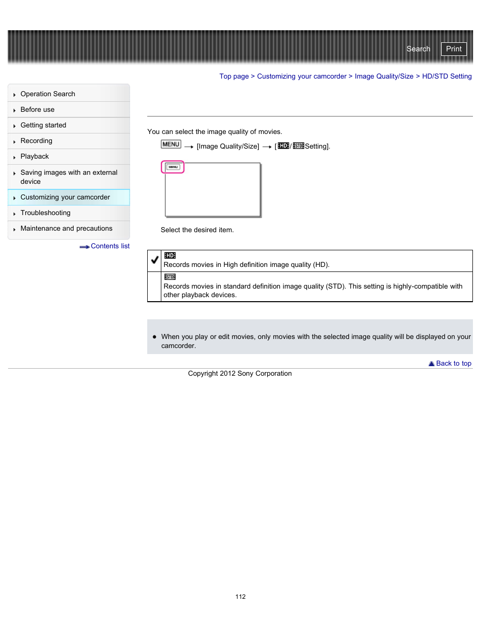 Hd/std setting, Handycam" user guide | Sony HDR-PJ200 User Manual | Page 119 / 202