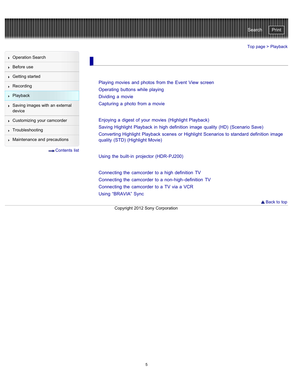 Playback, Highlight playback, Playing images on a tv | Sony HDR-PJ200 User Manual | Page 12 / 202