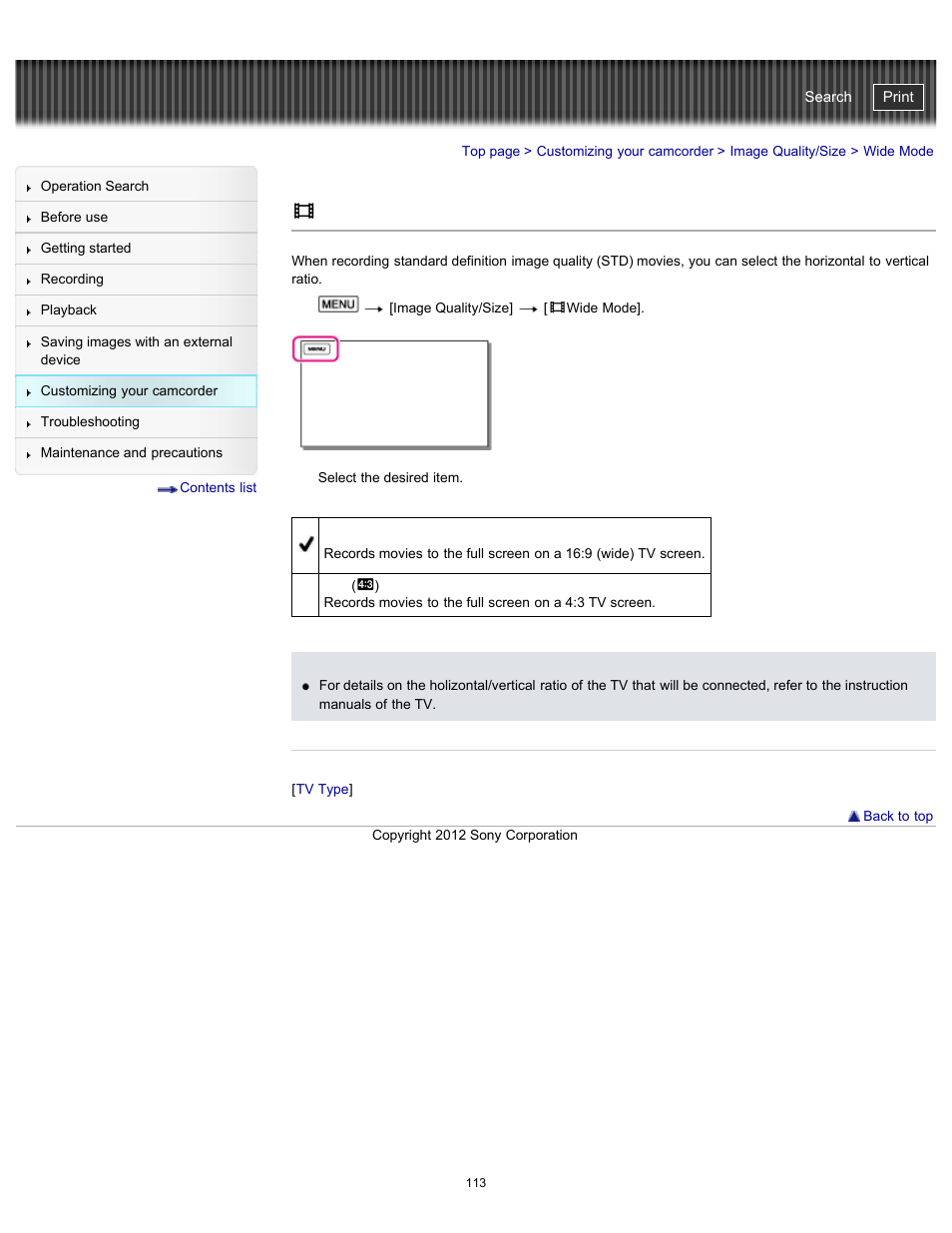 Wide mode, Handycam" user guide | Sony HDR-PJ200 User Manual | Page 120 / 202