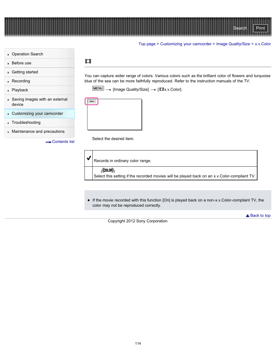 X.v.color, Handycam" user guide | Sony HDR-PJ200 User Manual | Page 121 / 202